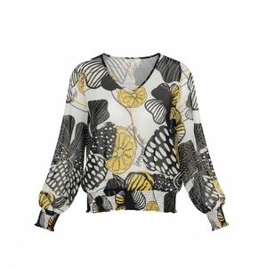 Boho Whimsy Sheer Black Lemon Print Long Sleeve Blouse Women V-Neck Smocked Hem